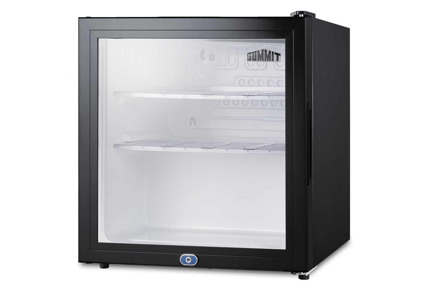 Compact minibar with reversible glass door, front lock, and glossy black cabinet